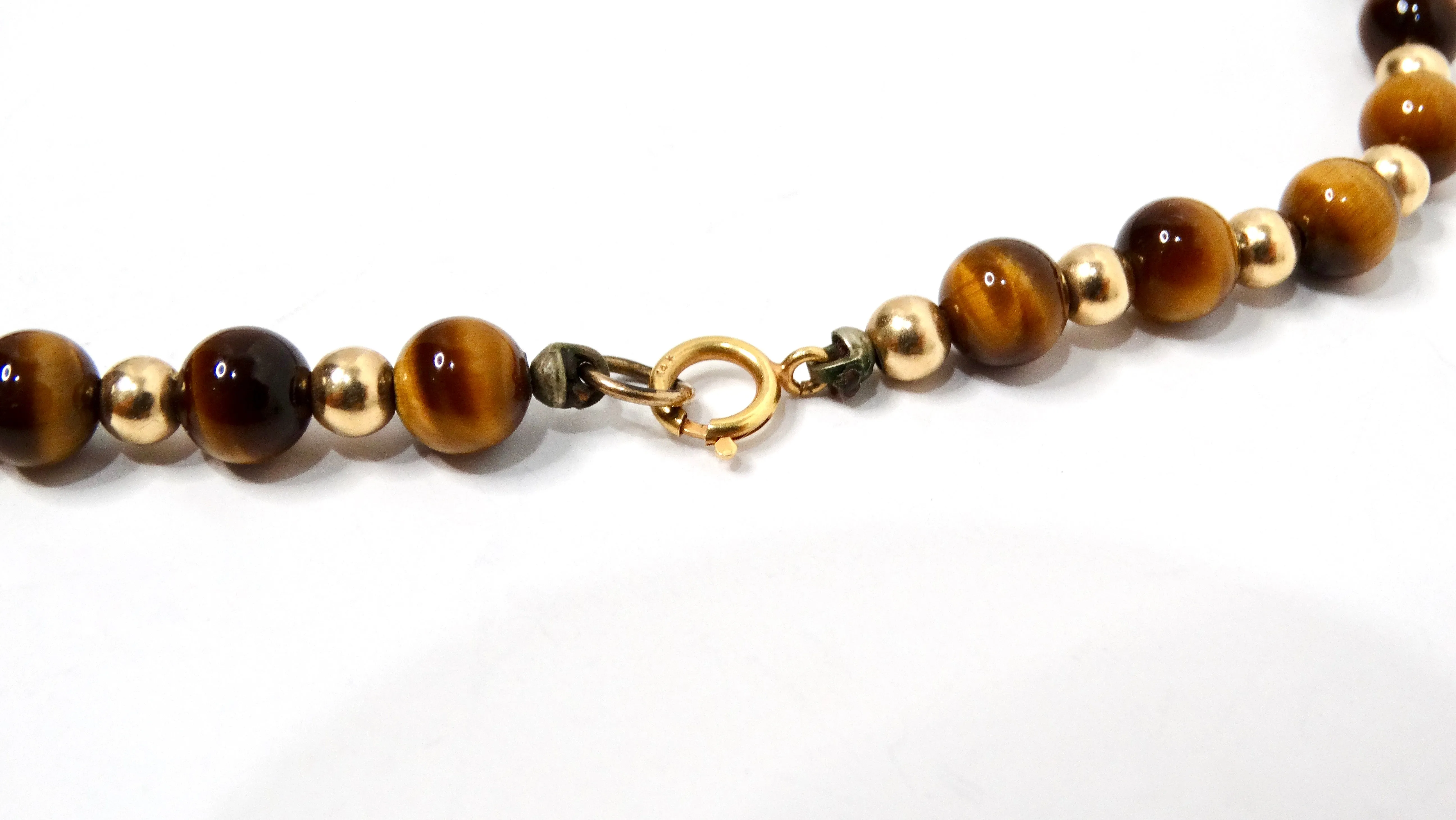 1980s Tiger's Eye and 14k Yellow Gold Long Beaded Necklace