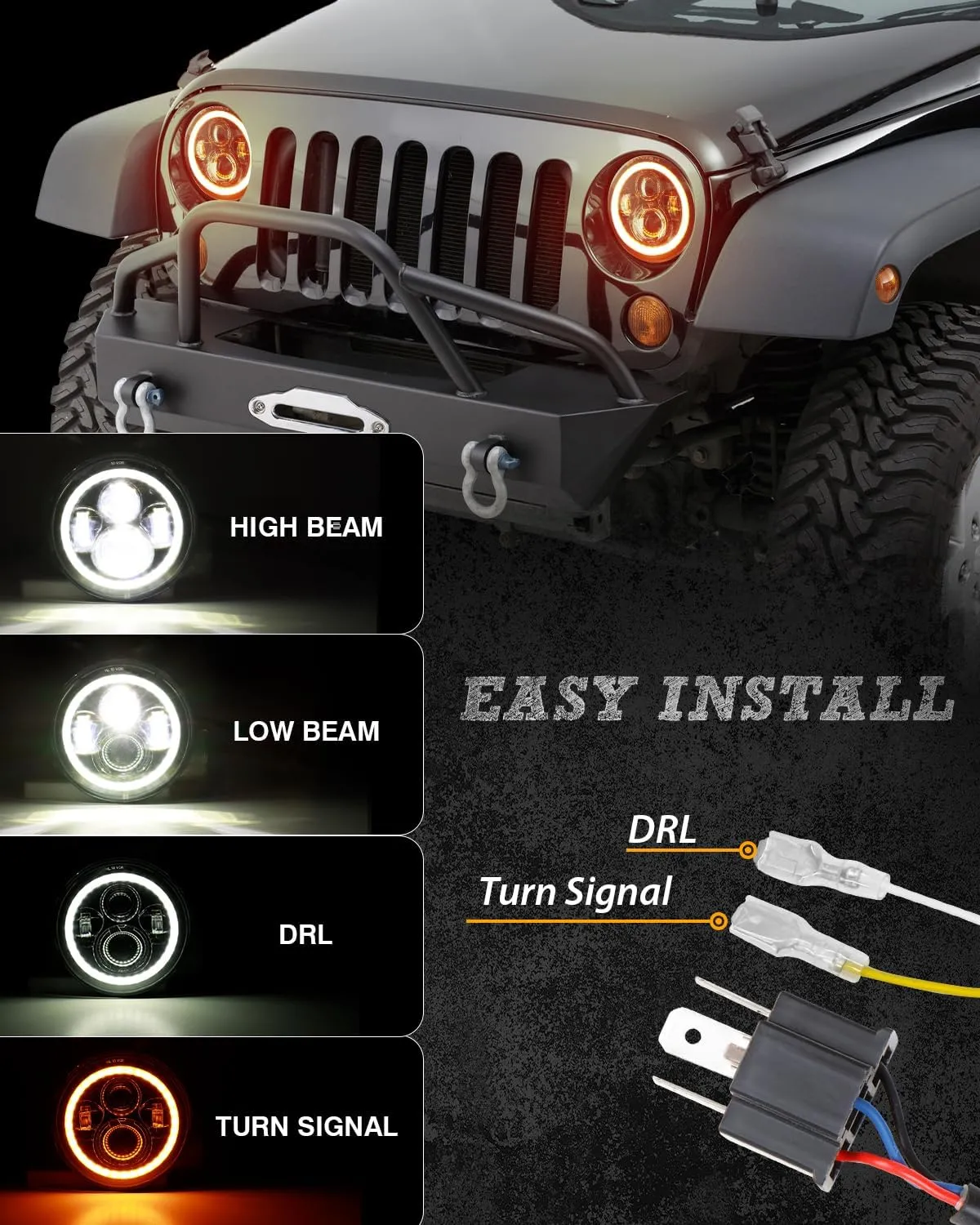 7 Inch LED Halo Headlights with Amber Turn Signal White DRL Compatible with Jeep Wrangler JK TJ CJ Chevy Blazer C10 Camaro Ford F150 F250 F350-1PC