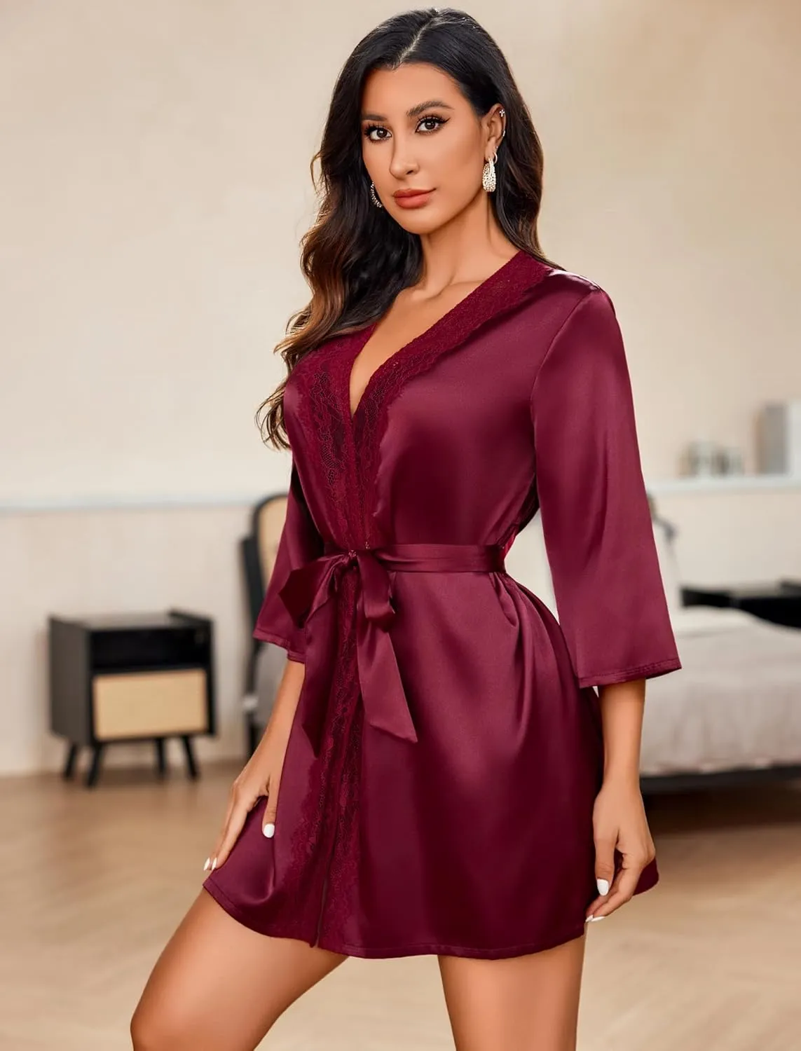 ADOME Women's Kimono Robe Short Satin Pure Short Silky Robes