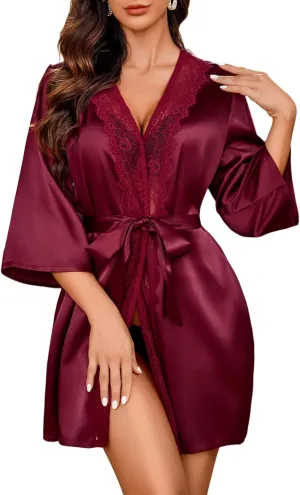 ADOME Women's Kimono Robe Short Satin Pure Short Silky Robes