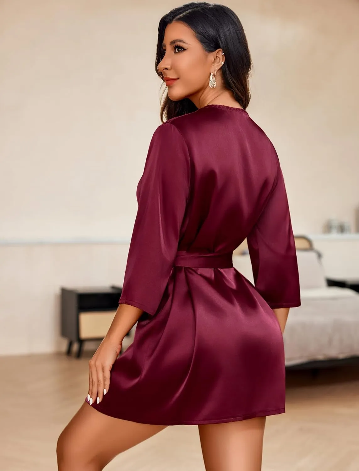 ADOME Women's Kimono Robe Short Satin Pure Short Silky Robes