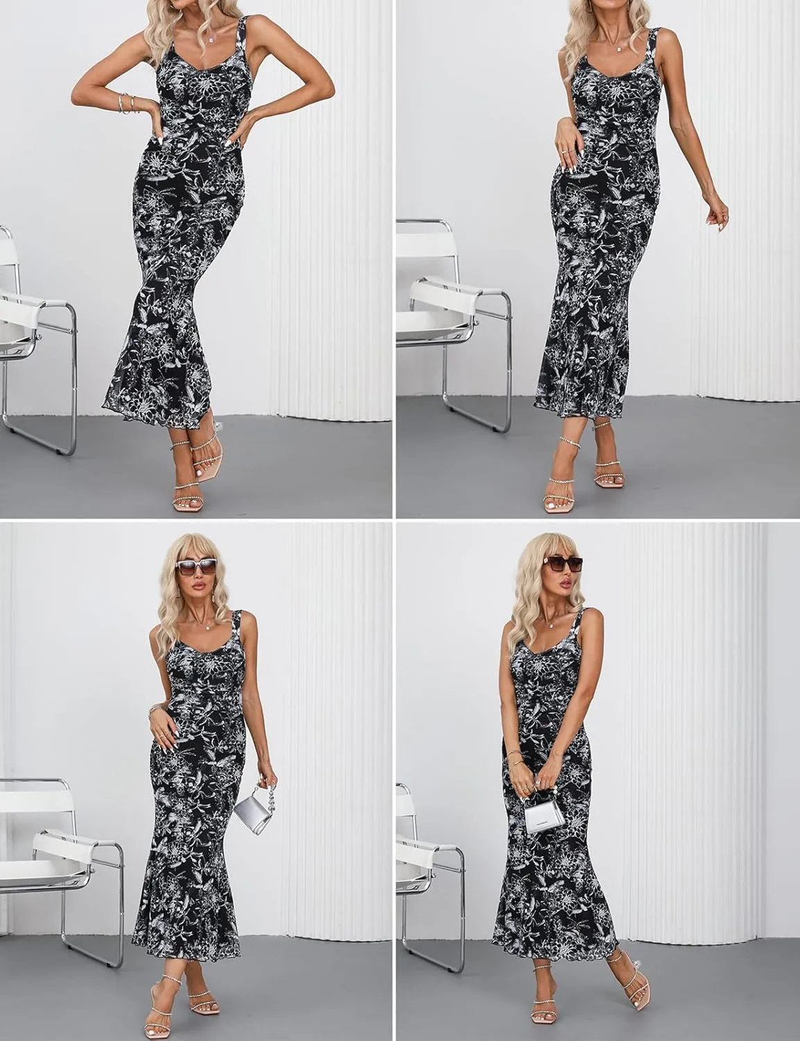Amilia Womens Sexy V Neck Floral Ruched Mesh Slip Dress Cami Fishtail Bodycon Cocktail Party Midi Sheath Dresses