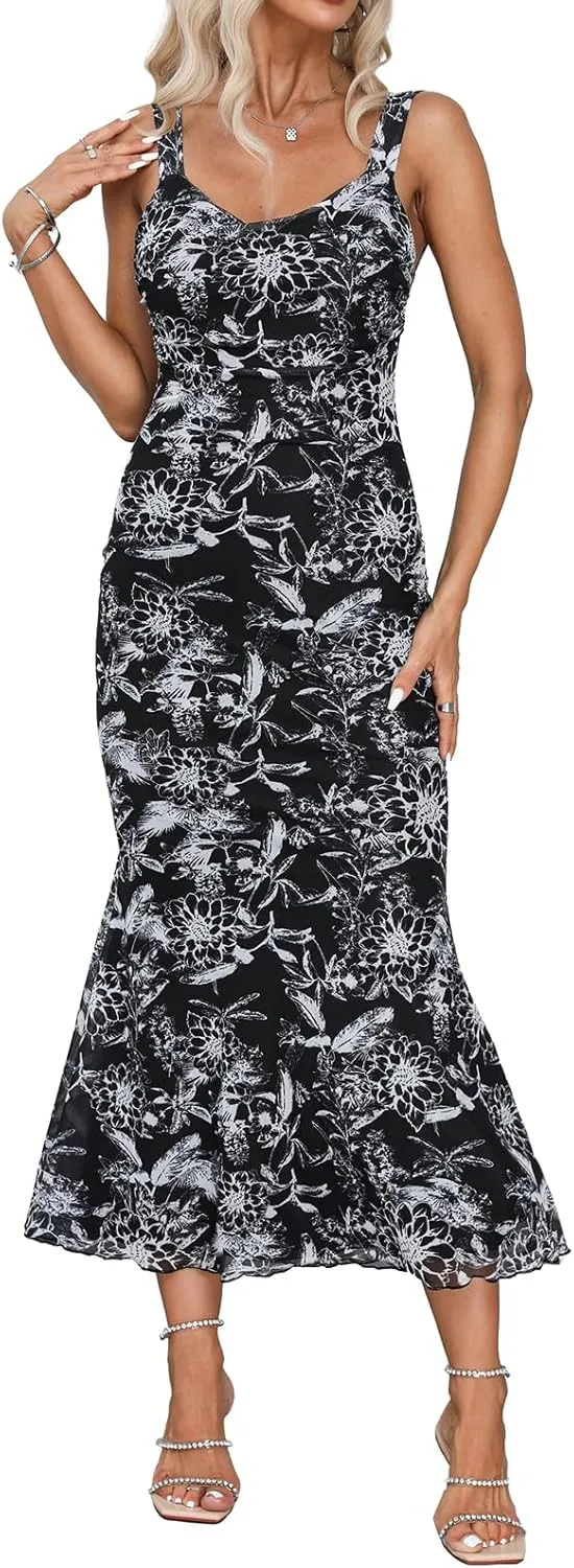 Amilia Womens Sexy V Neck Floral Ruched Mesh Slip Dress Cami Fishtail Bodycon Cocktail Party Midi Sheath Dresses