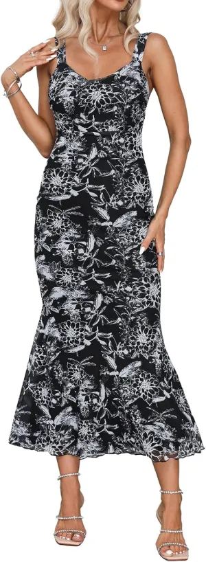 Amilia Womens Sexy V Neck Floral Ruched Mesh Slip Dress Cami Fishtail Bodycon Cocktail Party Midi Sheath Dresses
