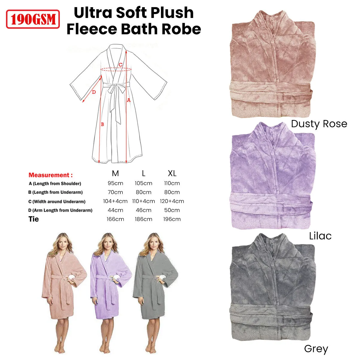 Bathrobe Ultra Soft Plush Fleece Dusty Rose 190GSM - L