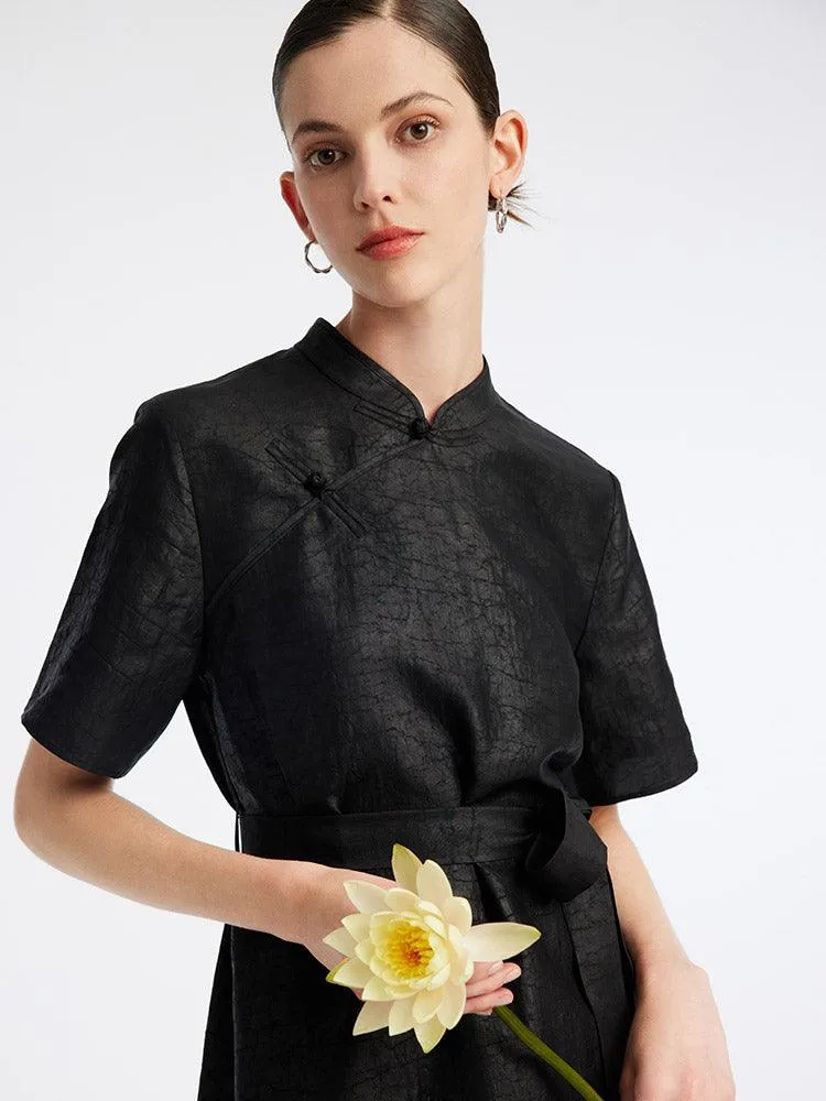 Black Cheongsam Mandarin Collar Xiang Yun Silk Dress