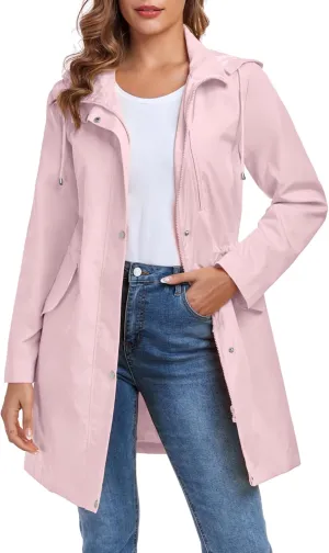 Bloggerlove Rain Jacket for Women Long Raincoat with Hood Lightweight Windbreaker Waterproof Outdoor Trench Coat