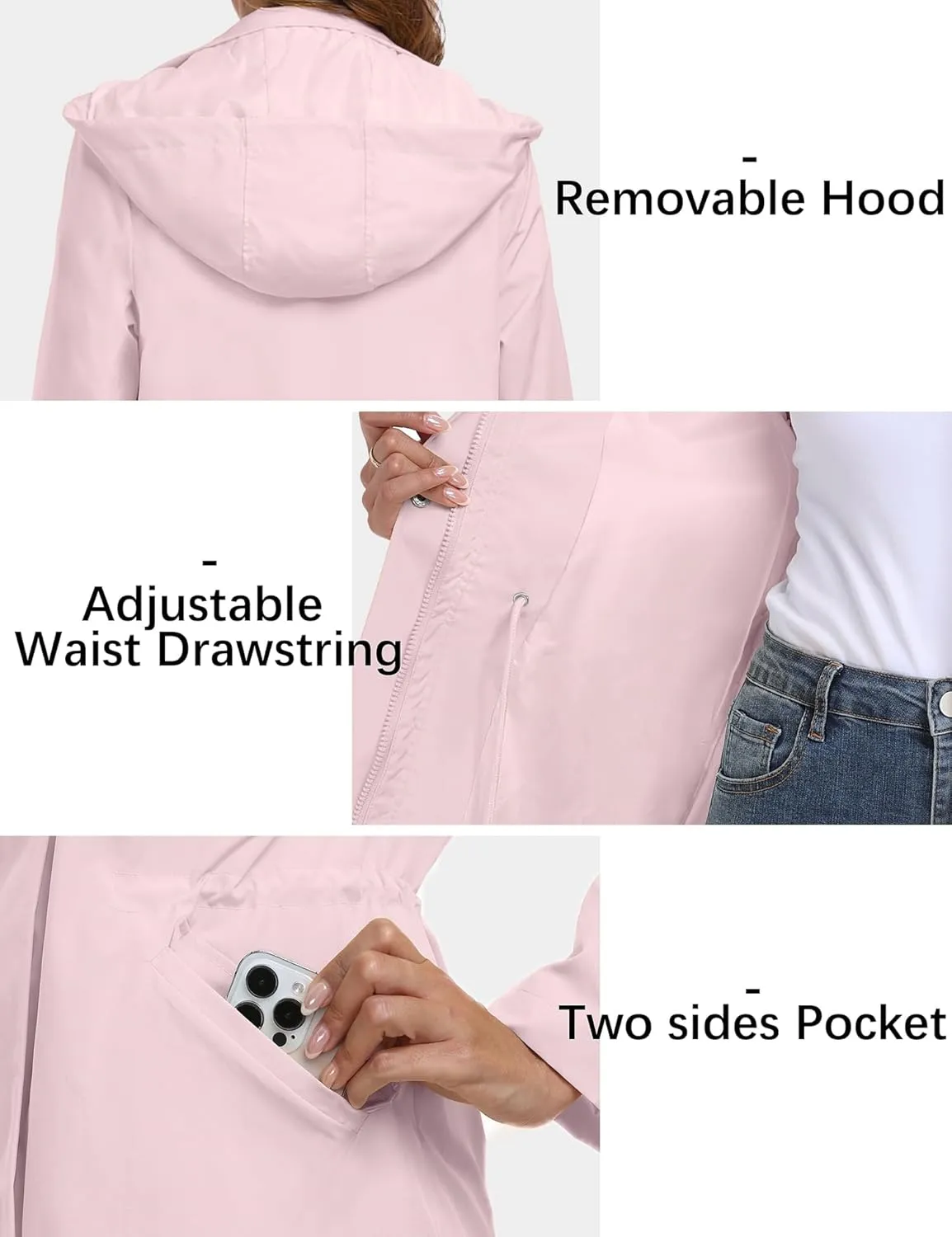 Bloggerlove Rain Jacket for Women Long Raincoat with Hood Lightweight Windbreaker Waterproof Outdoor Trench Coat