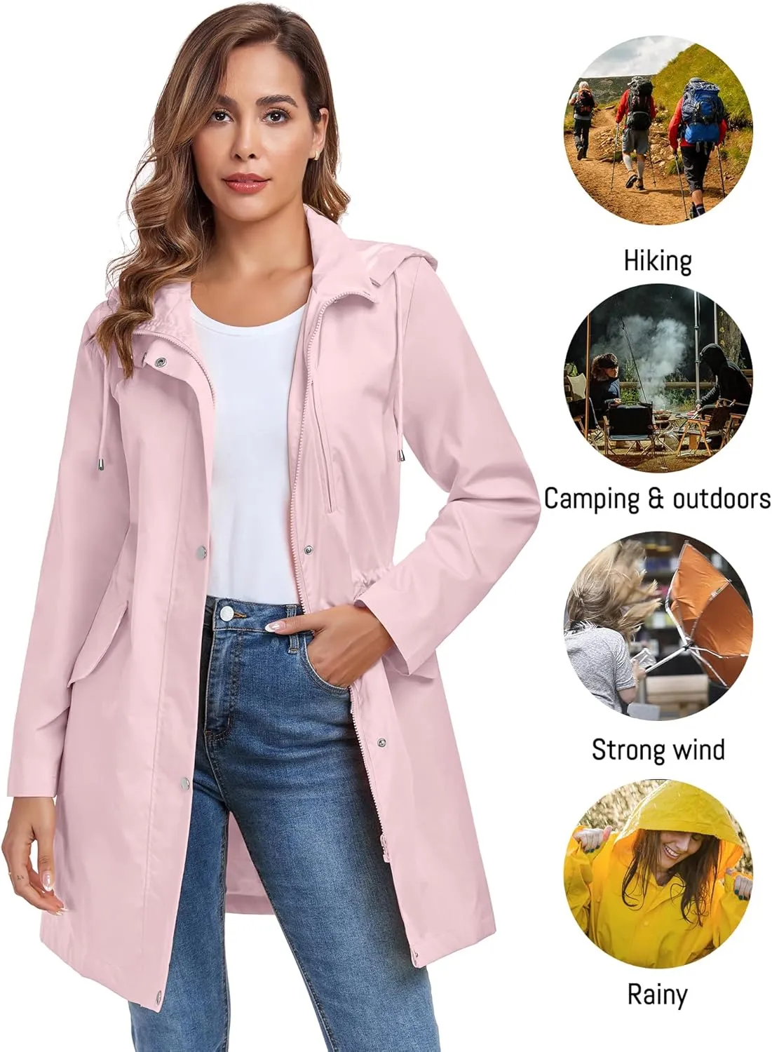 Bloggerlove Rain Jacket for Women Long Raincoat with Hood Lightweight Windbreaker Waterproof Outdoor Trench Coat