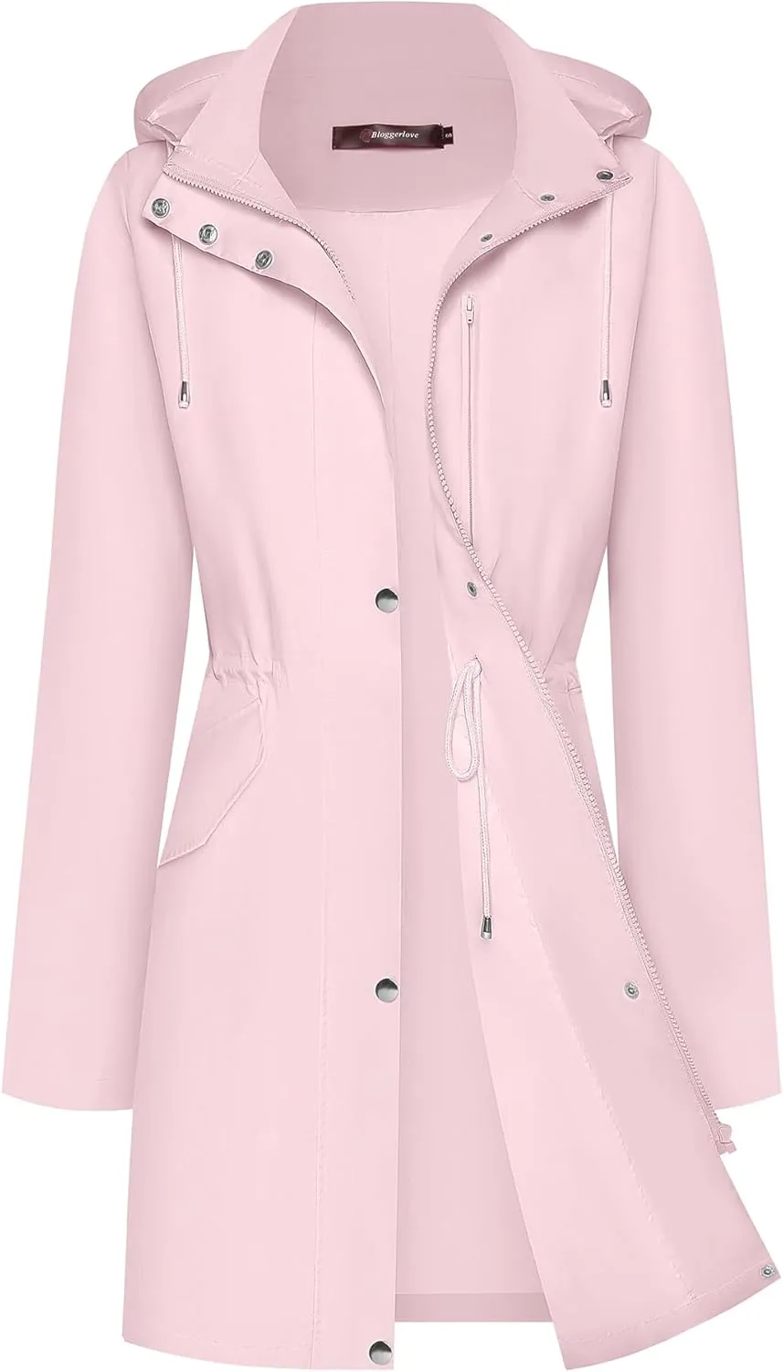 Bloggerlove Rain Jacket for Women Long Raincoat with Hood Lightweight Windbreaker Waterproof Outdoor Trench Coat