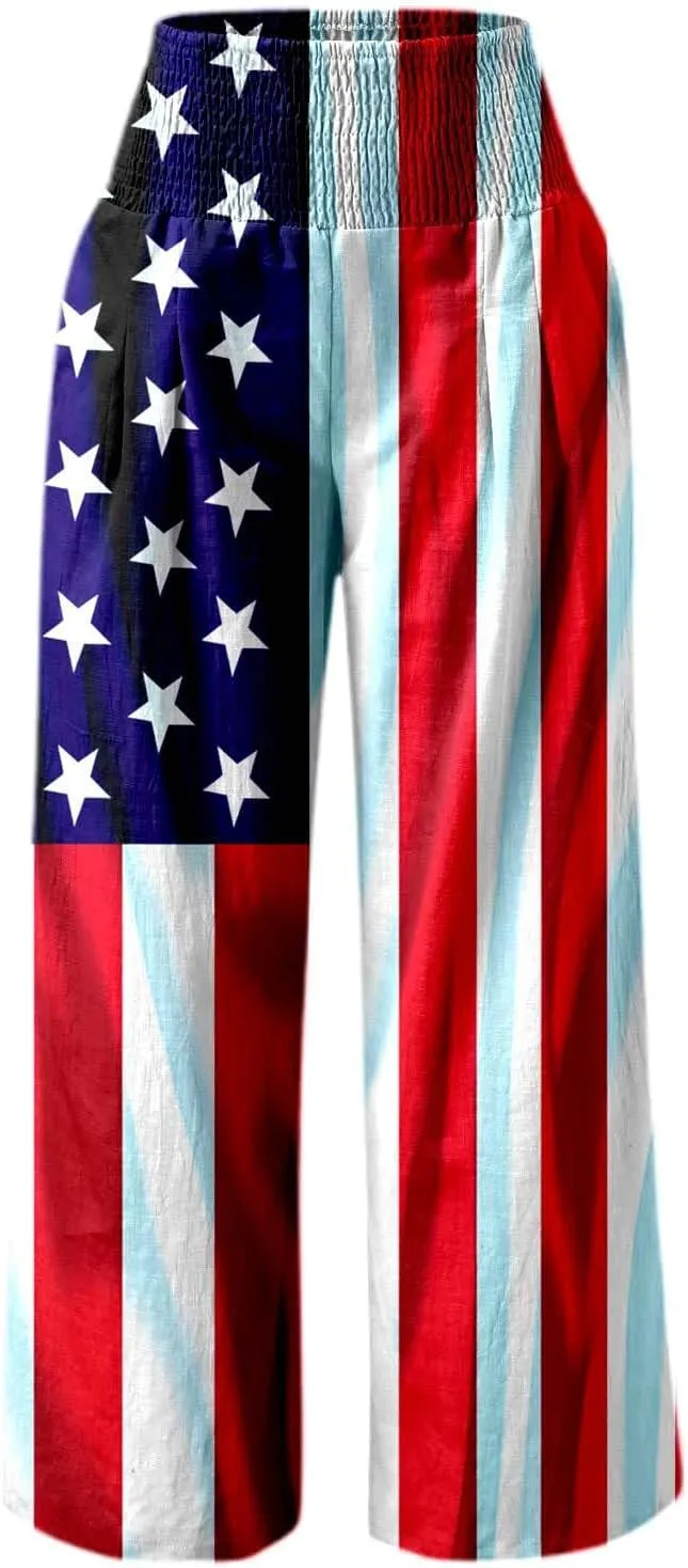 Boho Pants for Women Floral Print Linen Pant Elastic Waist Drawstring Summer Beach Baggy Trousers with Pocket Fit