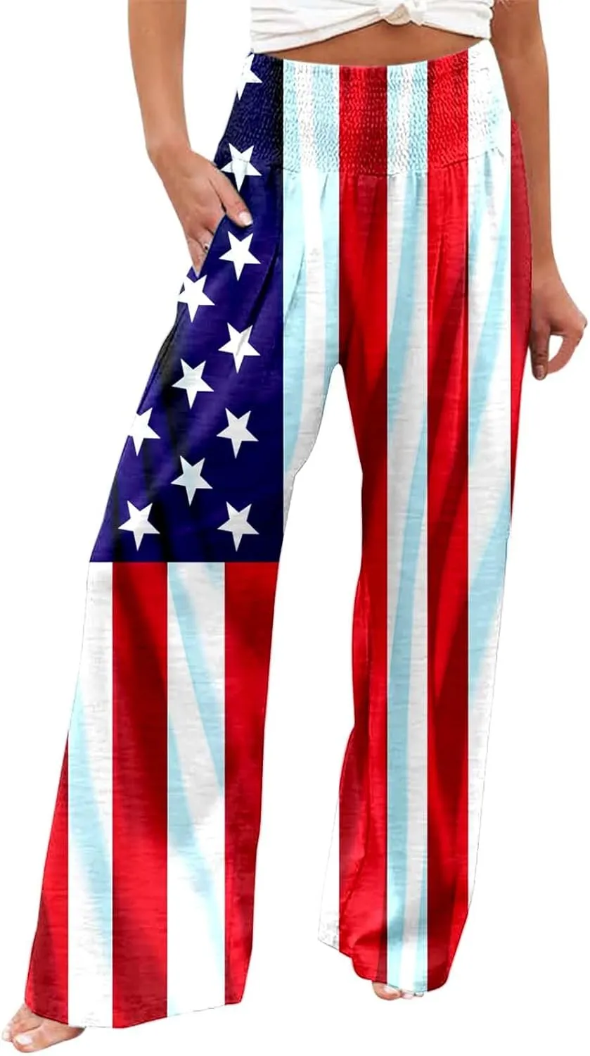 Boho Pants for Women Floral Print Linen Pant Elastic Waist Drawstring Summer Beach Baggy Trousers with Pocket Fit