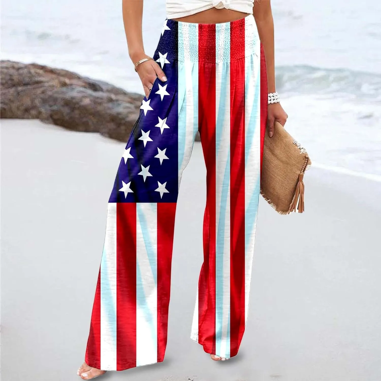 Boho Pants for Women Floral Print Linen Pant Elastic Waist Drawstring Summer Beach Baggy Trousers with Pocket Fit