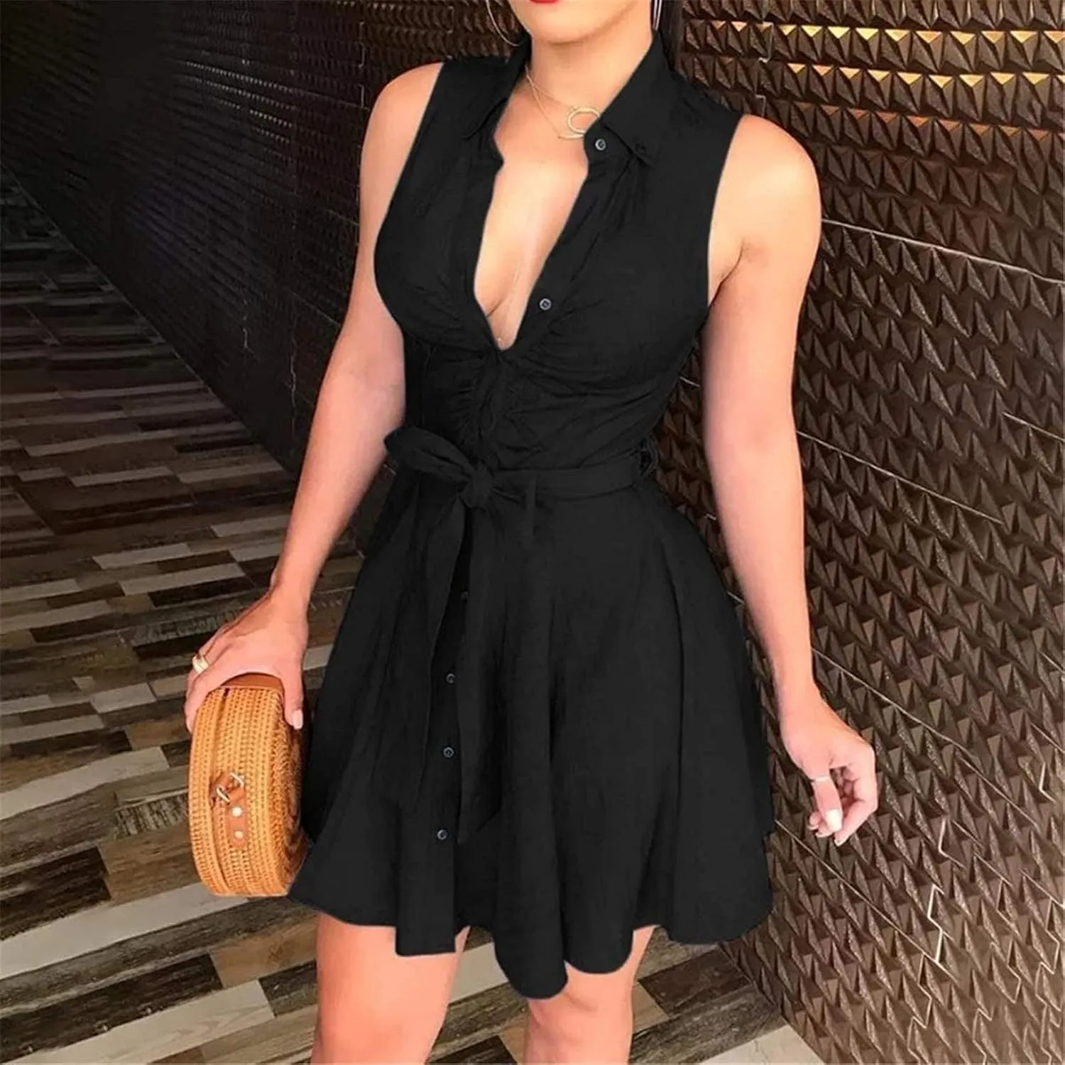 BORAMAX Womens Summer Bodycon Denim Sleeveless Short Dress Party Evening Mini Dresses Belted Flared Knee Shirt