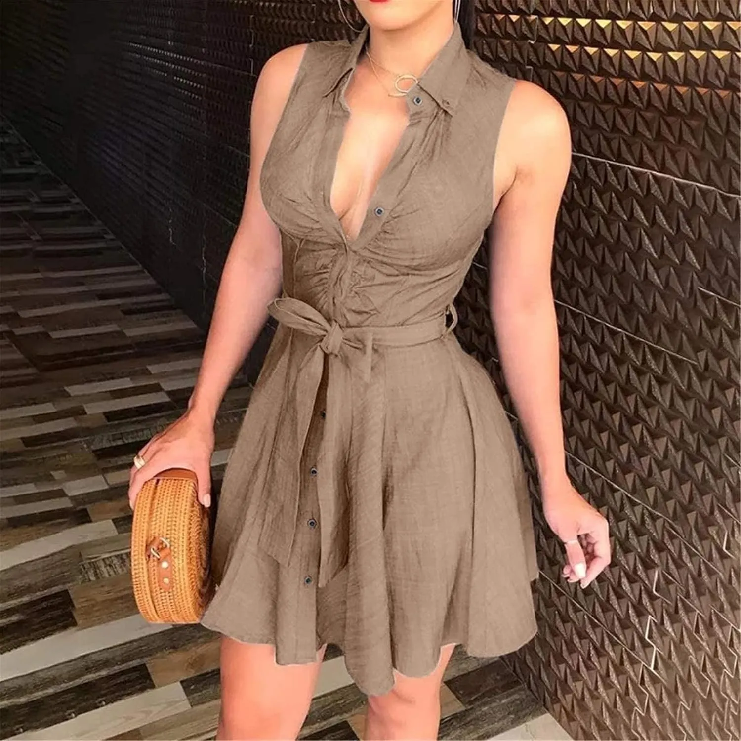 BORAMAX Womens Summer Bodycon Denim Sleeveless Short Dress Party Evening Mini Dresses Belted Flared Knee Shirt