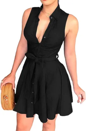 BORAMAX Womens Summer Bodycon Denim Sleeveless Short Dress Party Evening Mini Dresses Belted Flared Knee Shirt