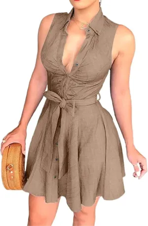 BORAMAX Womens Summer Bodycon Denim Sleeveless Short Dress Party Evening Mini Dresses Belted Flared Knee Shirt