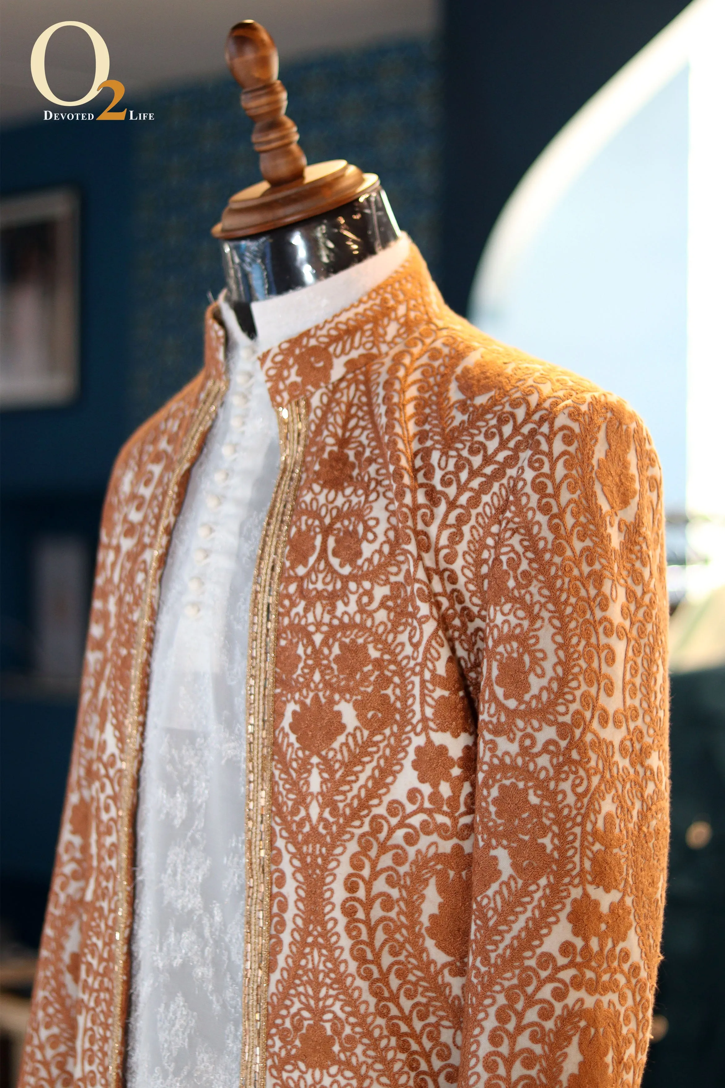 Brown Embroidered Lucknowi Collared Sherwani