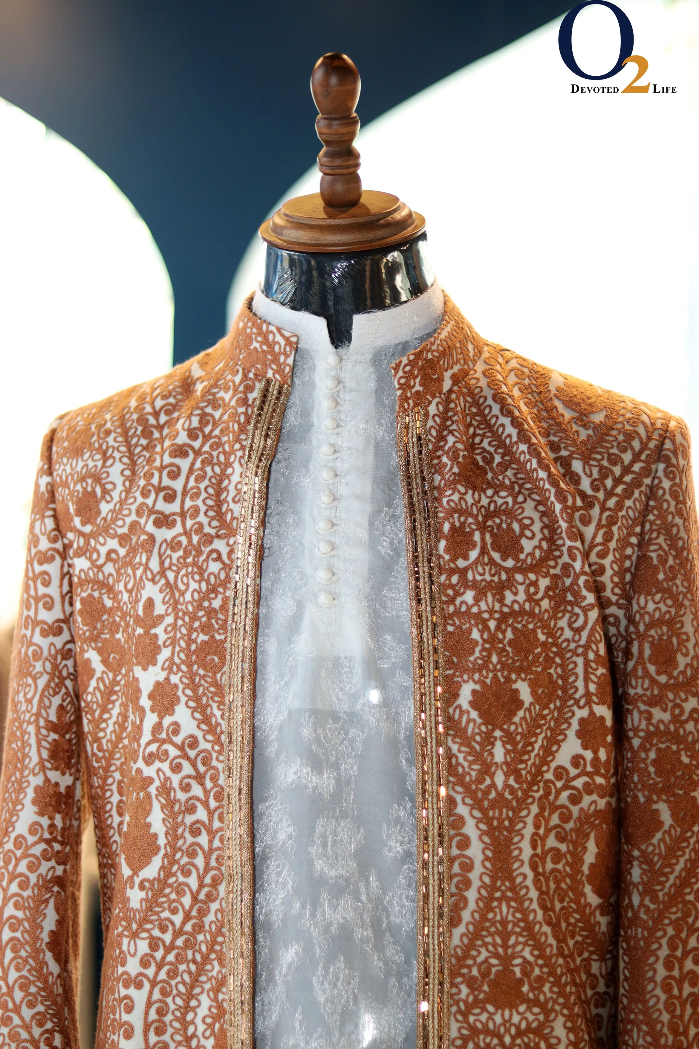 Brown Embroidered Lucknowi Collared Sherwani