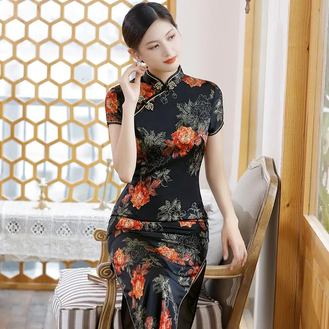 Cap Sleeve Begonia Pattern Silk Traditional Cheongsam Chinese Dress Mother Dress