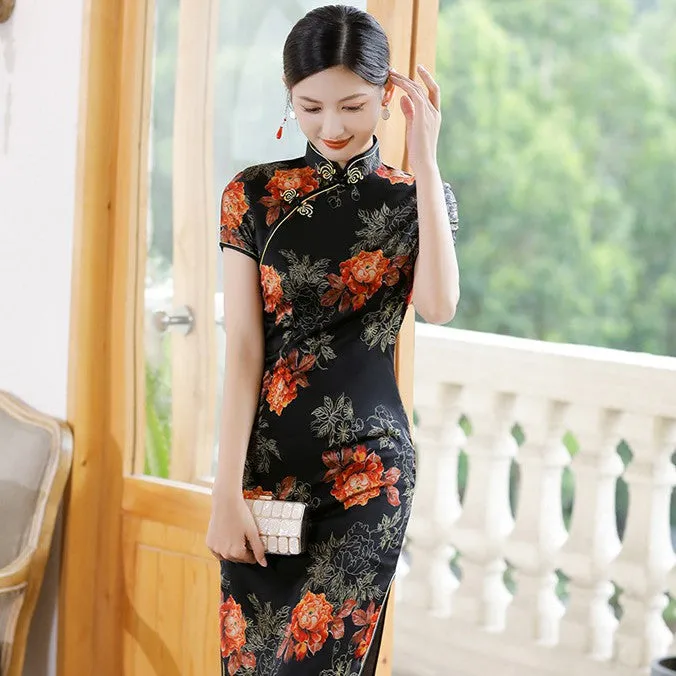 Cap Sleeve Begonia Pattern Silk Traditional Cheongsam Chinese Dress Mother Dress