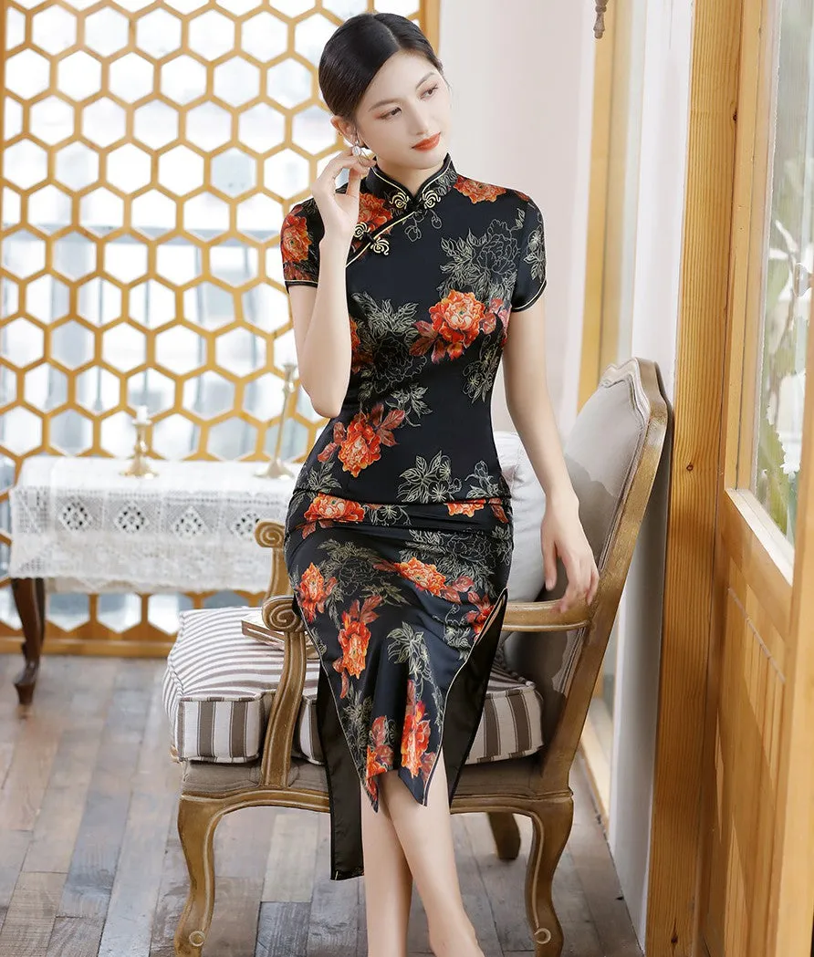 Cap Sleeve Begonia Pattern Silk Traditional Cheongsam Chinese Dress Mother Dress