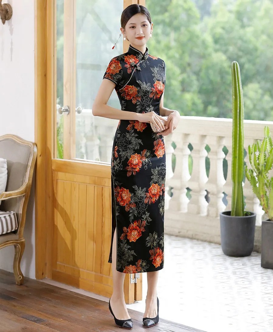 Cap Sleeve Begonia Pattern Silk Traditional Cheongsam Chinese Dress Mother Dress