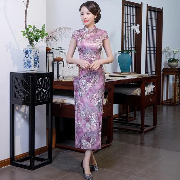 Cap Sleeve Floral Silk Blend Traditional Cheongsam Bodycon Chinese Dress