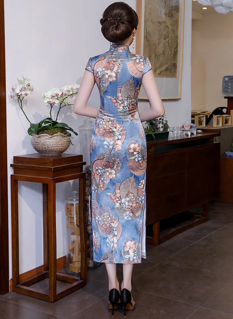 Cap Sleeve Floral Silk Blend Traditional Cheongsam Bodycon Chinese Dress
