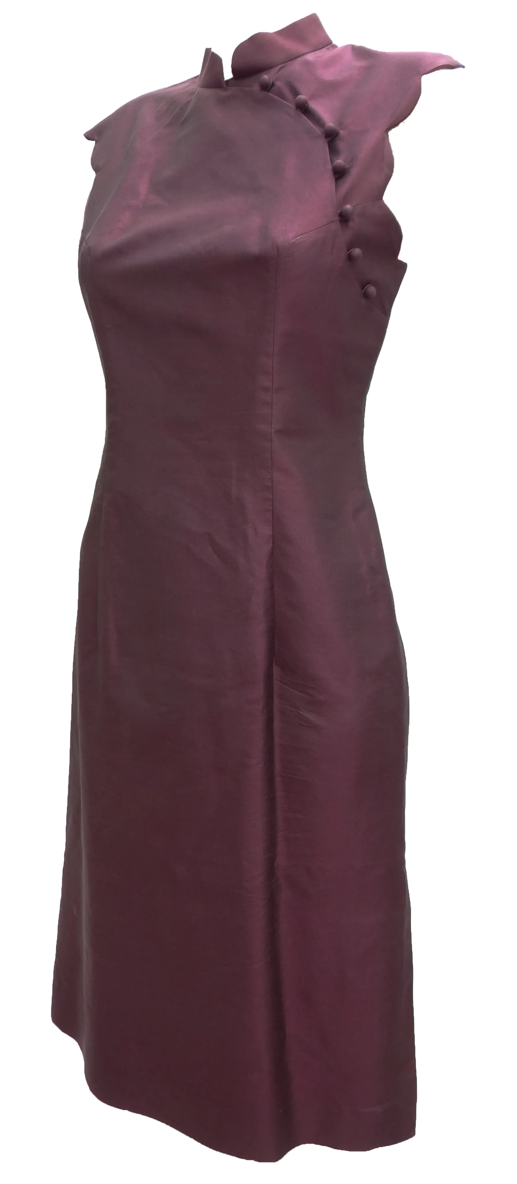 Cheongsam Cocktail Dress in Plum Shot Silk, UK10