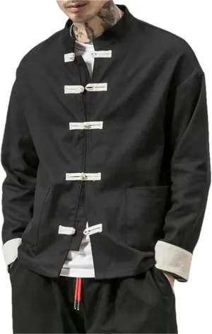 Chinese Traditional Retro Coat Man Autmn Tang Suit Mandarin Collar Buckle Jacket Oriental Cotton Kung Fu Shirt