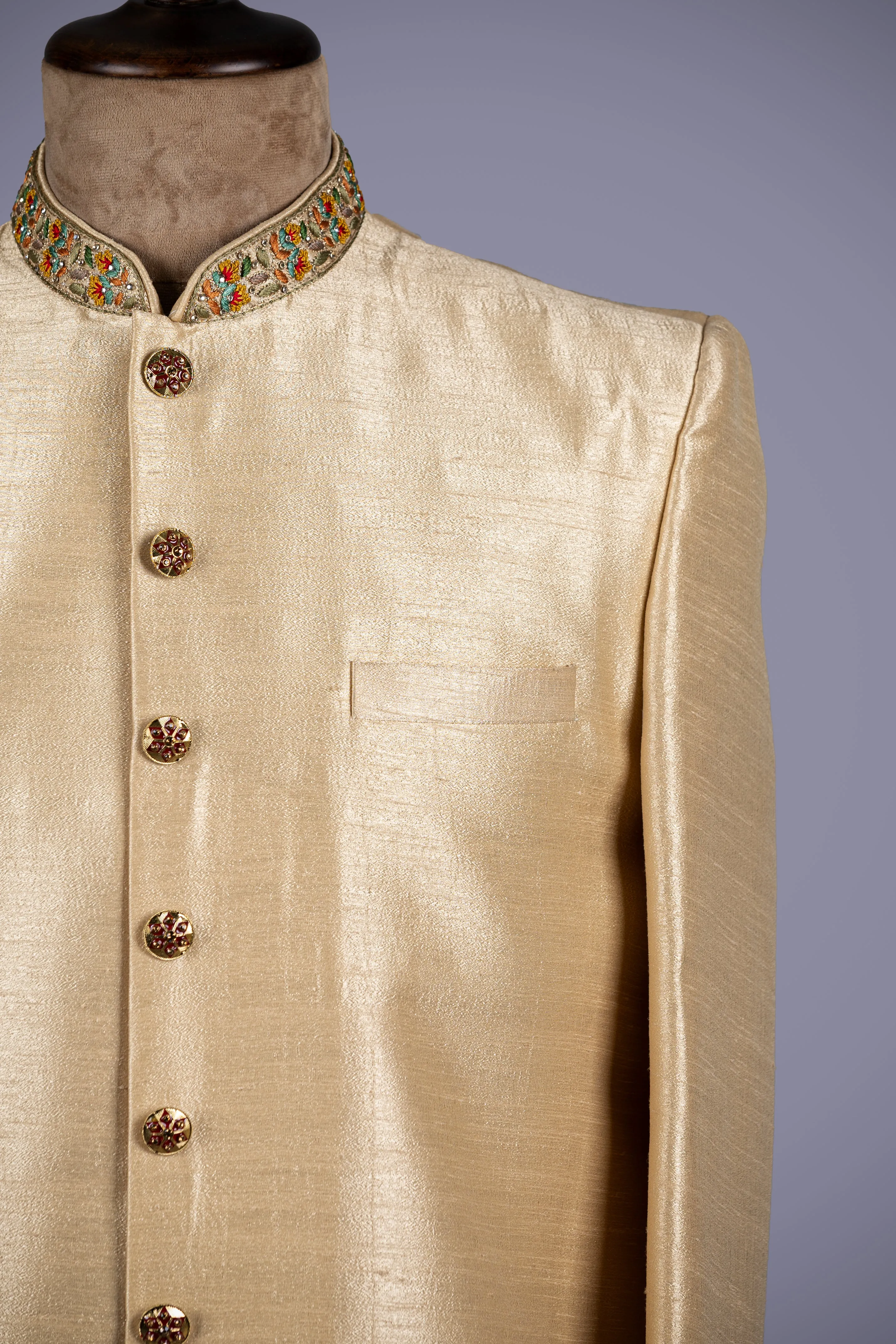 Cream Raw Silk Sherwani with Resham Sequence Work