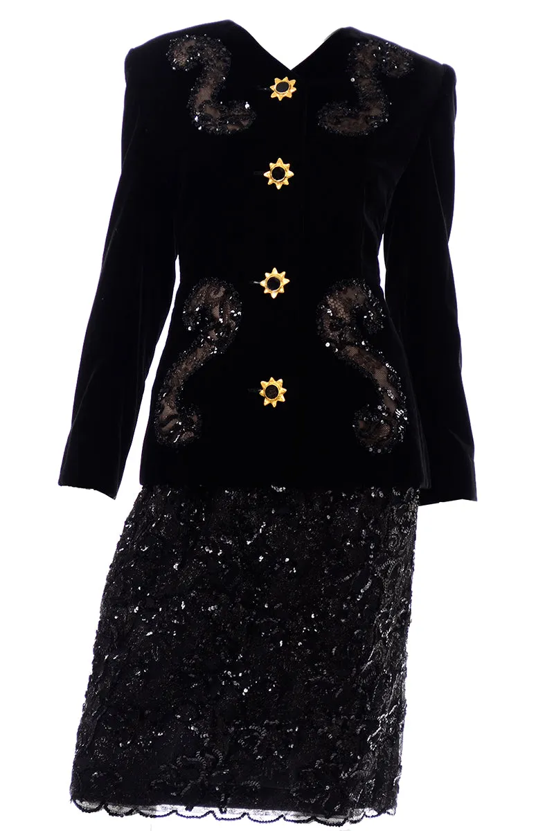 Deadstock Givenchy Couture Black Lace Velvet and Sequins Evening Skirt Suit