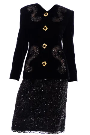 Deadstock Givenchy Couture Black Lace Velvet and Sequins Evening Skirt Suit