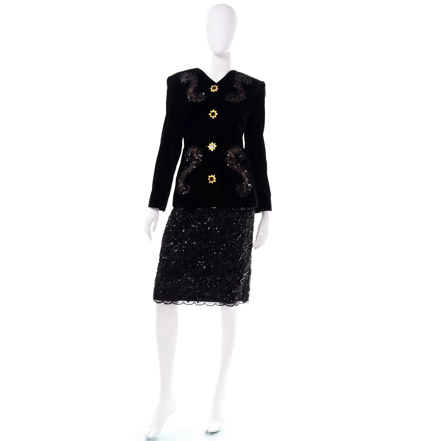 Deadstock Givenchy Couture Black Lace Velvet and Sequins Evening Skirt Suit