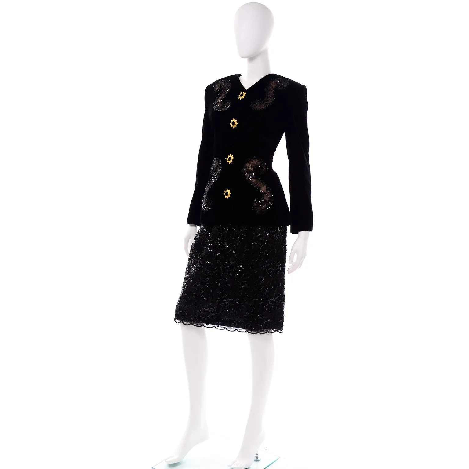Deadstock Givenchy Couture Black Lace Velvet and Sequins Evening Skirt Suit