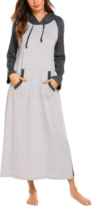 Ekouaer Sleepwear Women Long Sleeve Hooded Nightgown Contrast Color Full Length Loungewear with Pocket S-4XL