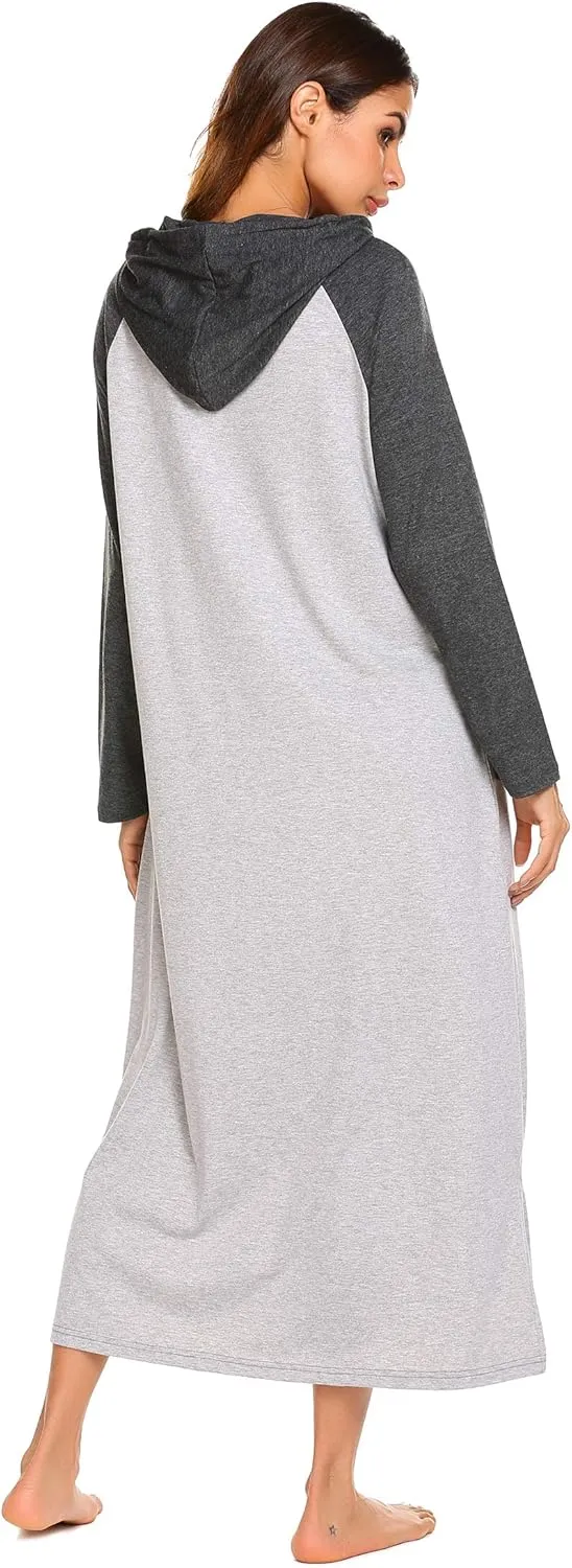 Ekouaer Sleepwear Women Long Sleeve Hooded Nightgown Contrast Color Full Length Loungewear with Pocket S-4XL