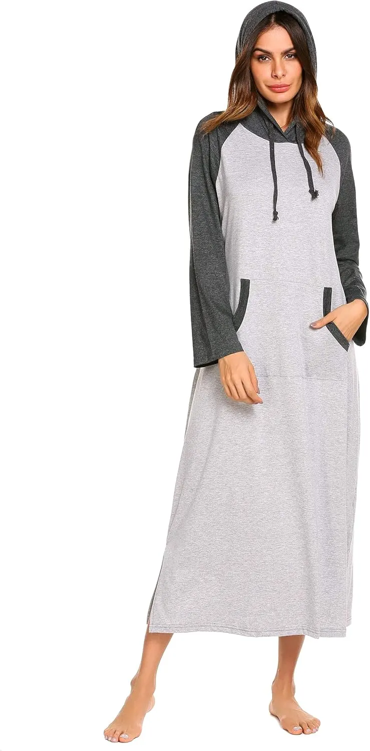 Ekouaer Sleepwear Women Long Sleeve Hooded Nightgown Contrast Color Full Length Loungewear with Pocket S-4XL