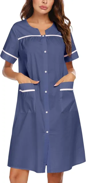 Ekouaer Sleepwear Womens Snap Front Nightgown Housecoat Cotton Duster Short Sleeve House Dress