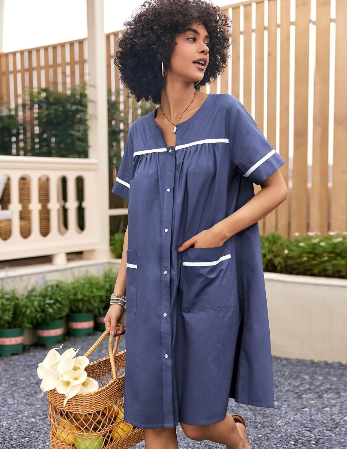 Ekouaer Sleepwear Womens Snap Front Nightgown Housecoat Cotton Duster Short Sleeve House Dress