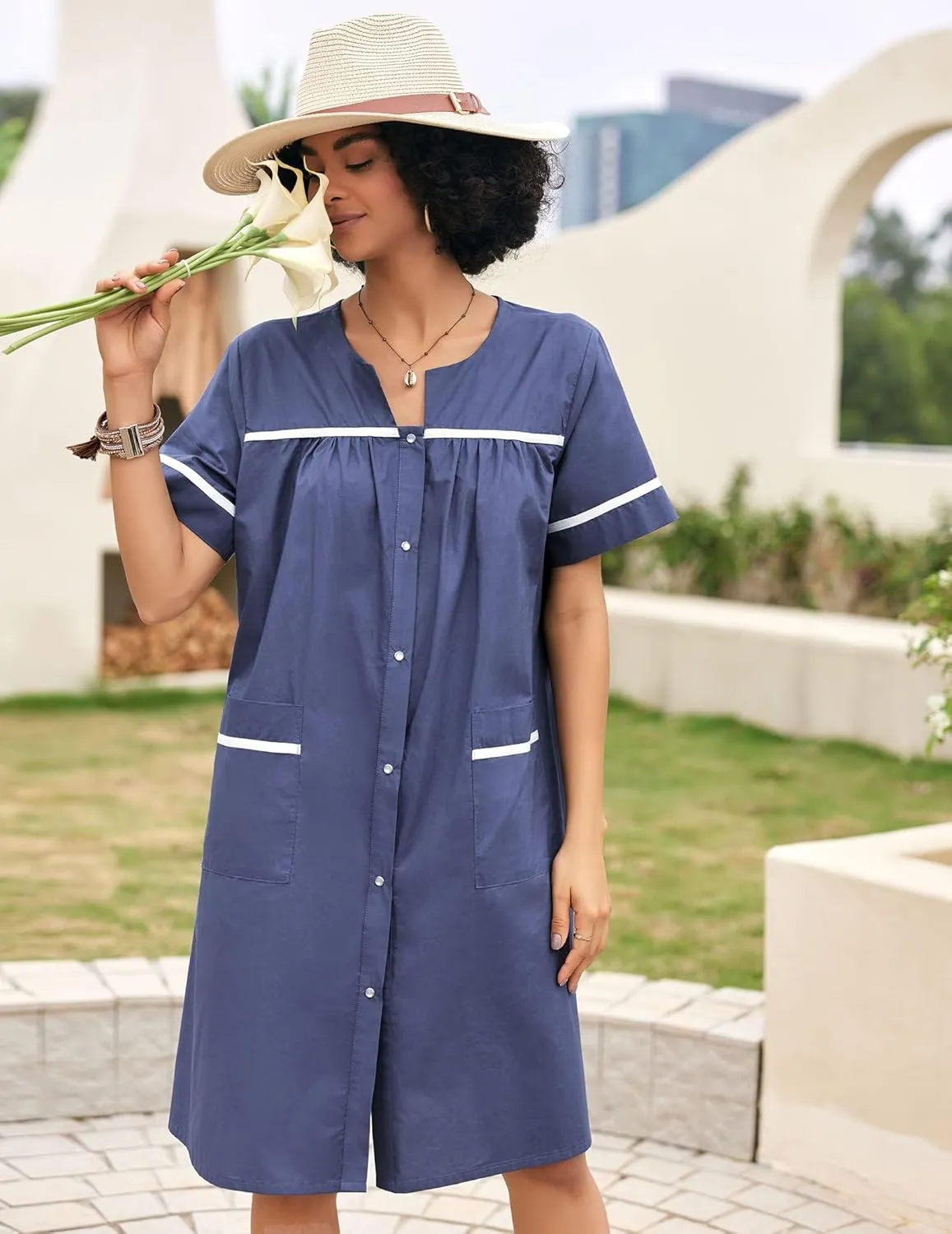 Ekouaer Sleepwear Womens Snap Front Nightgown Housecoat Cotton Duster Short Sleeve House Dress
