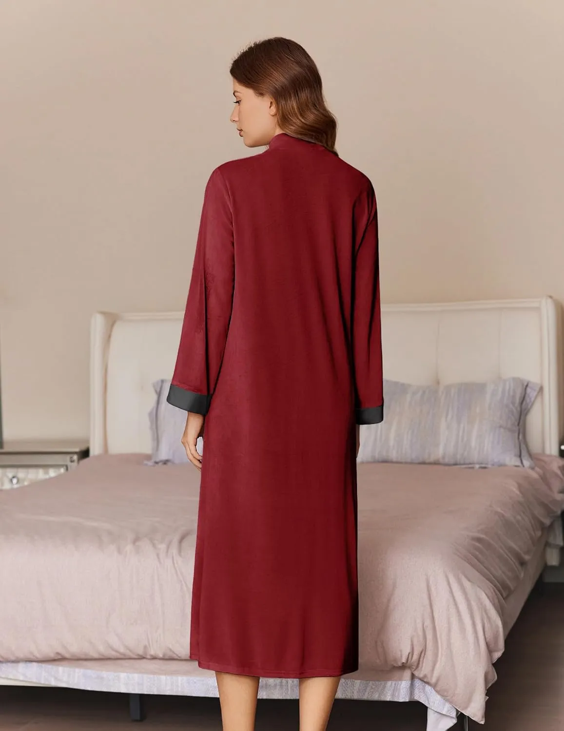 Ekouaer Women Zipper Robe Long Sleeve House Coats Velour Robes Soft Bathrobe with Pockets Nightgown S-3XL