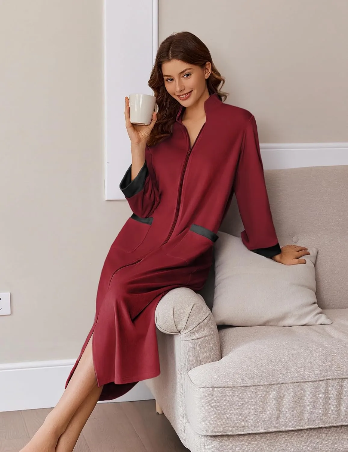 Ekouaer Women Zipper Robe Long Sleeve House Coats Velour Robes Soft Bathrobe with Pockets Nightgown S-3XL