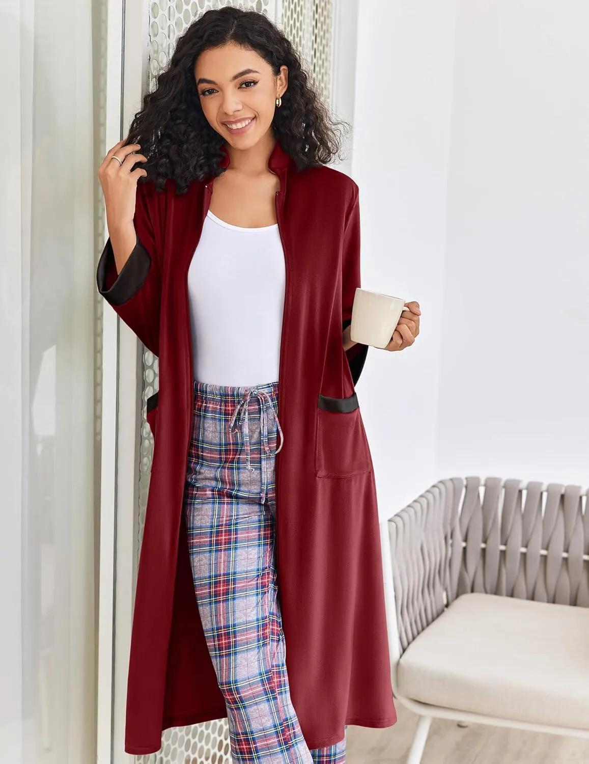 Ekouaer Women Zipper Robe Long Sleeve House Coats Velour Robes Soft Bathrobe with Pockets Nightgown S-3XL