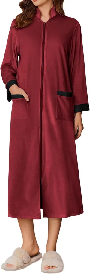 Ekouaer Women Zipper Robe Long Sleeve House Coats Velour Robes Soft Bathrobe with Pockets Nightgown S-3XL
