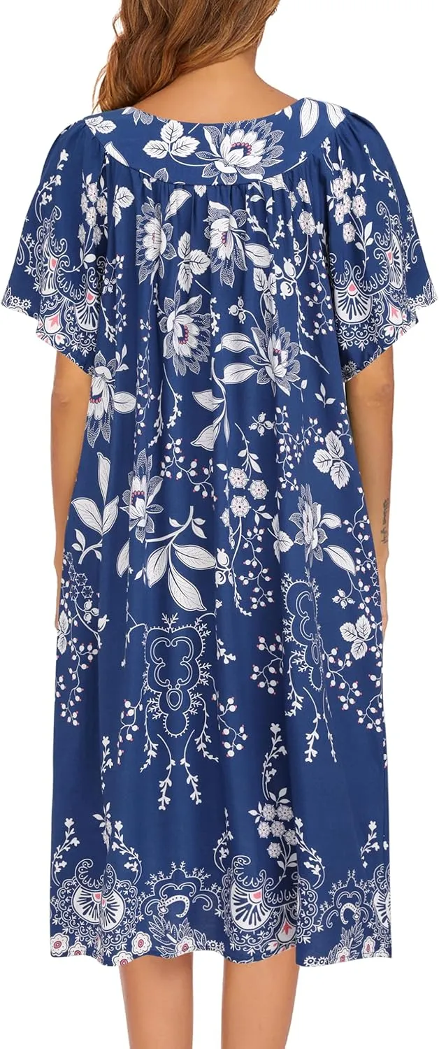 Ekouaer Womens Nightgown Short Sleeve House Dress with Pockets-Floral Print Mumu Dress