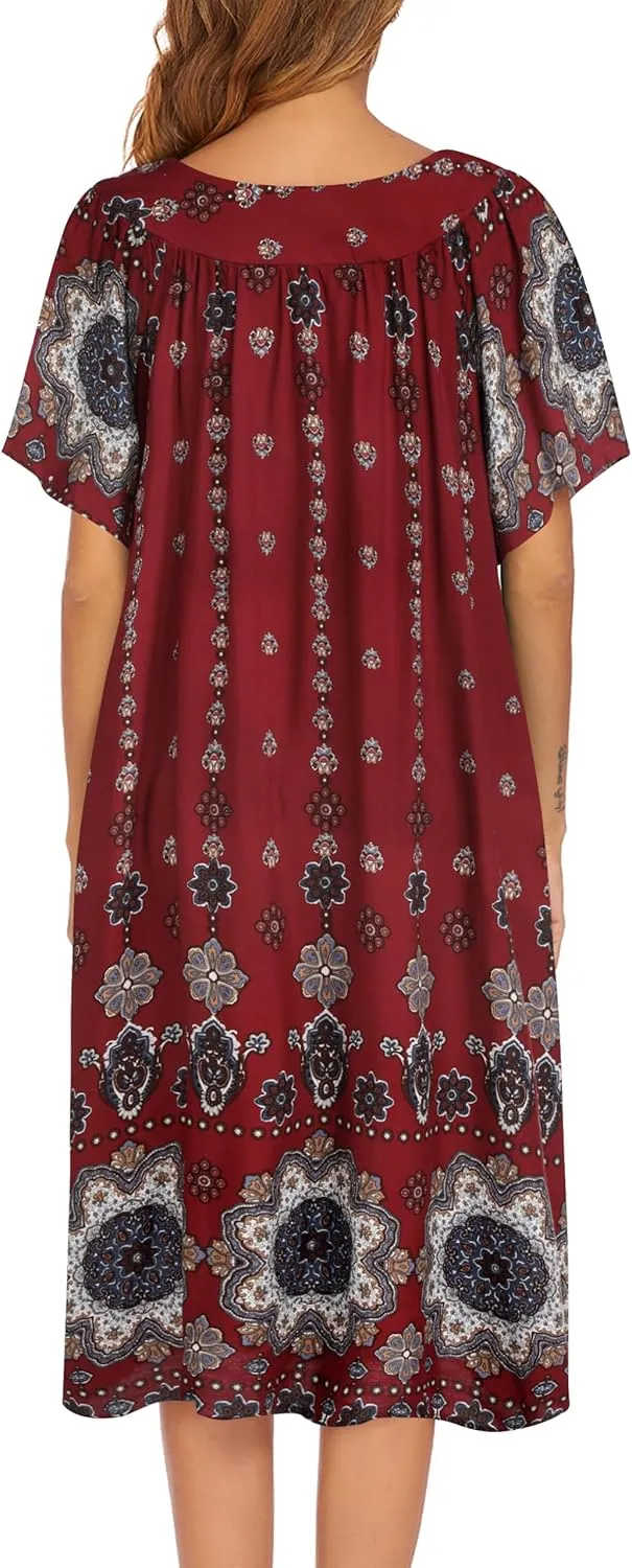 Ekouaer Womens Nightgown Short Sleeve House Dress with Pockets-Floral Print Mumu Dress