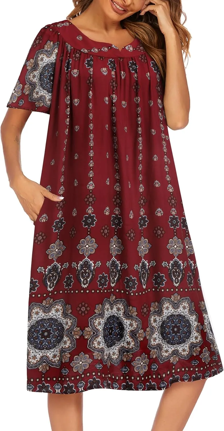 Ekouaer Womens Nightgown Short Sleeve House Dress with Pockets-Floral Print Mumu Dress