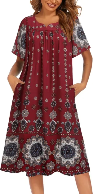 Ekouaer Womens Nightgown Short Sleeve House Dress with Pockets-Floral Print Mumu Dress